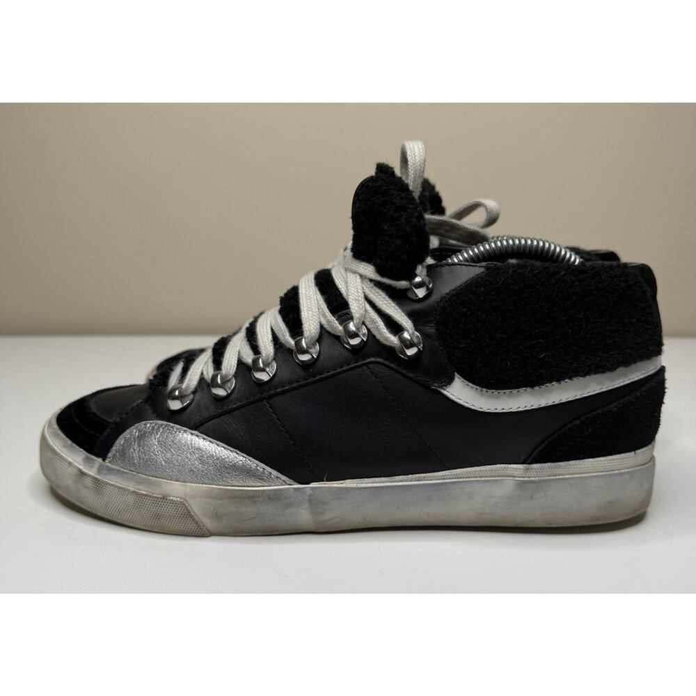 Marc Fisher Merin Mid Top Sneaker Womens 9.5M Black Leather Faux Fur Lace Up